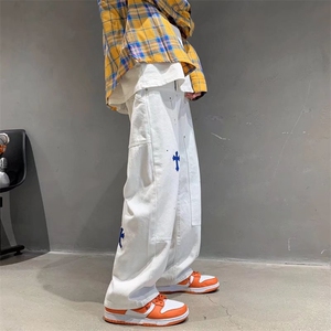 美式高街牛仔裤男欧美hiphop潮牌工装十字架滑板裤子vibe阔腿长裤图片