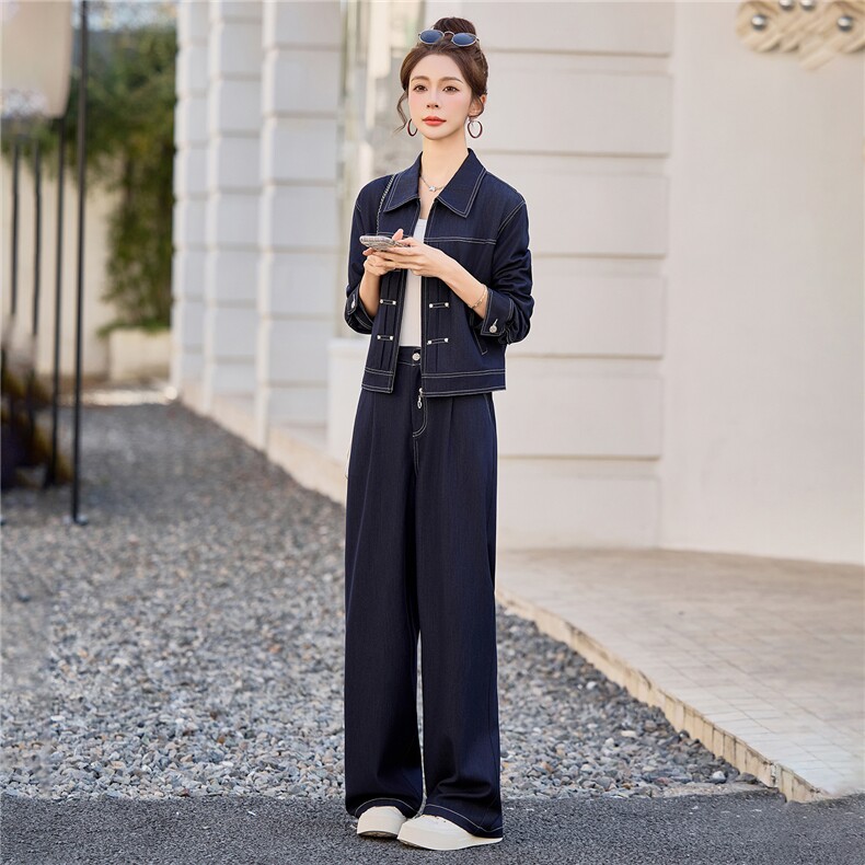 （新款现货）2026春装时尚休闲拉链天丝牛仔阔腿裤套装（两件套）,女装套装/套裙,印象茜