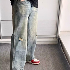 美式潮牌破洞牛仔裤男士秋季新款休闲直筒宽松阔腿长裤L83655-P45，男装牛仔裤，星座1008
