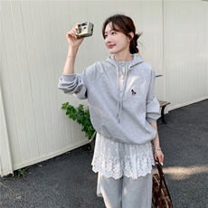 2026春季新款灰色小码刺绣卫衣蕾丝屁帘套装2C375-608-P185-K288，女装套装/套裙，2C375