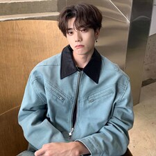 有货。登山布拼皮夹克W6975-P65，男装夹克，星座412-3