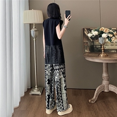 设计感小众时尚气质套装女夏圆领网纱拼接无袖上衣碎花长裤两件套，女装套装/套裙，江南