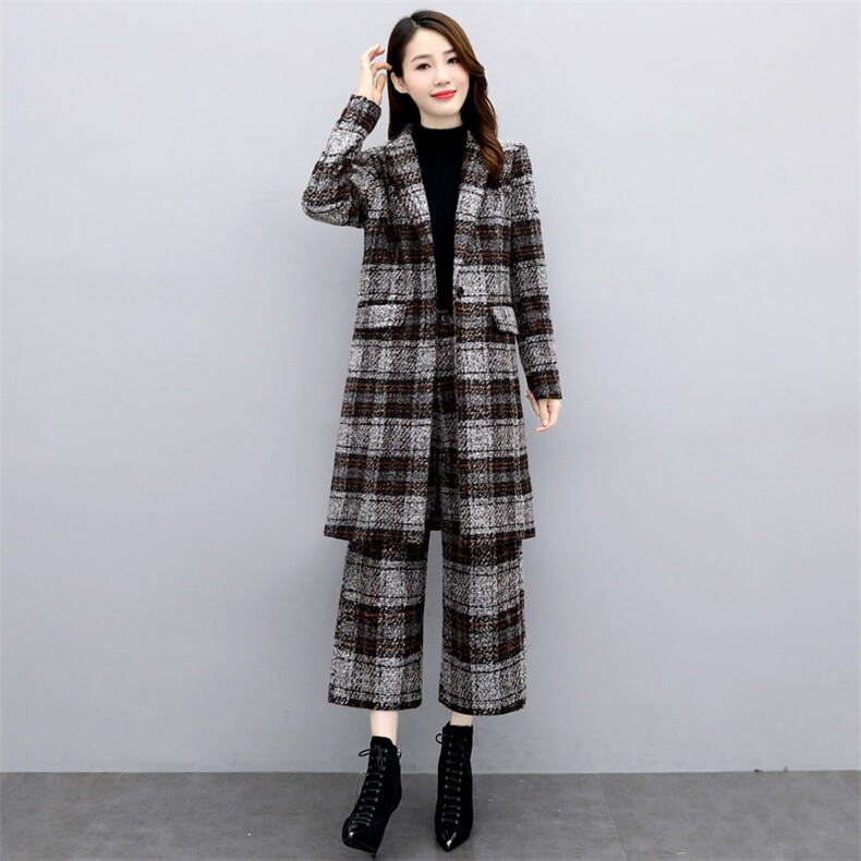 2023新款秋冬季时尚两件套女高端减龄格子大衣职业毛呢阔腿裤套装,女装套装/套裙,罗得堡