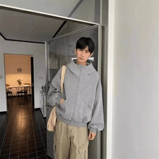 抖音得物高品质26春装美式高街重磅宽松结构高领连帽卫衣外套W60，女装短外套，电商A486-1