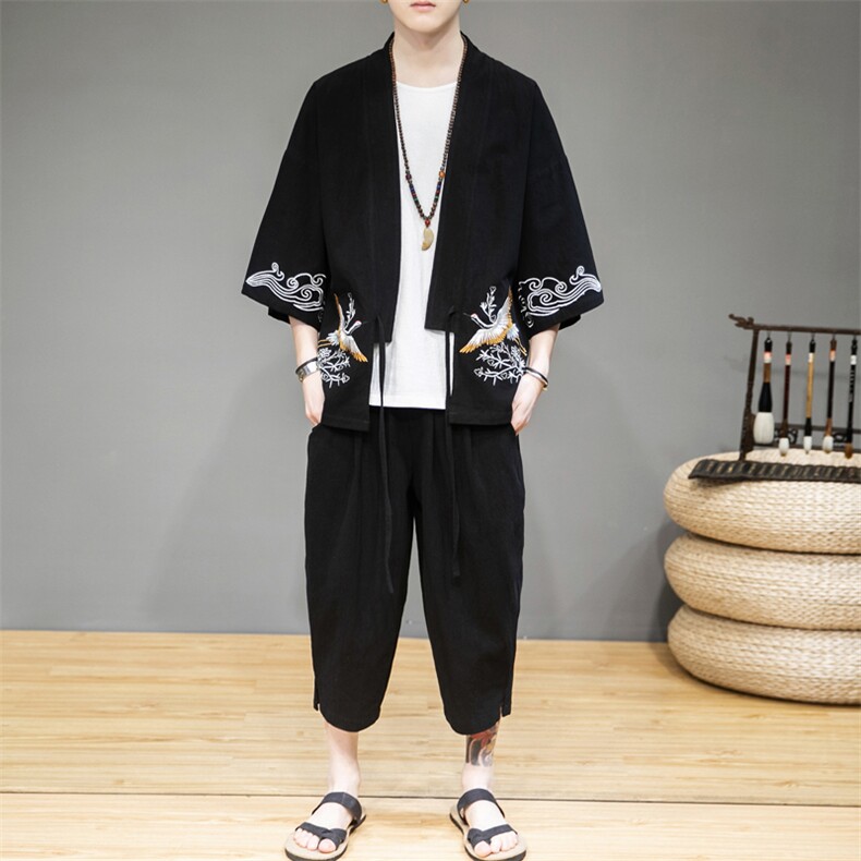 A611 P75 咖啡厅 亚麻风宽松百搭时尚仙鹤绣花七分汉服套装图片