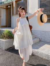 白色荷叶边亮片拼接挂脖连衣裙2025夏季新款超好看小众度假风长裙，女装连衣裙，浙宝128A