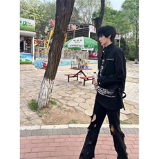 2026新复古破洞微喇叭黑色牛仔裤vibe高街直筒长裤K60436-P38网图，男装牛仔裤，电商B245