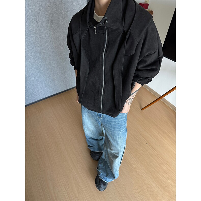慵懒范宽松廓形日常百搭上衣系带设计连帽拉链卫衣HY813P65控98,男装夹克,电商A102B