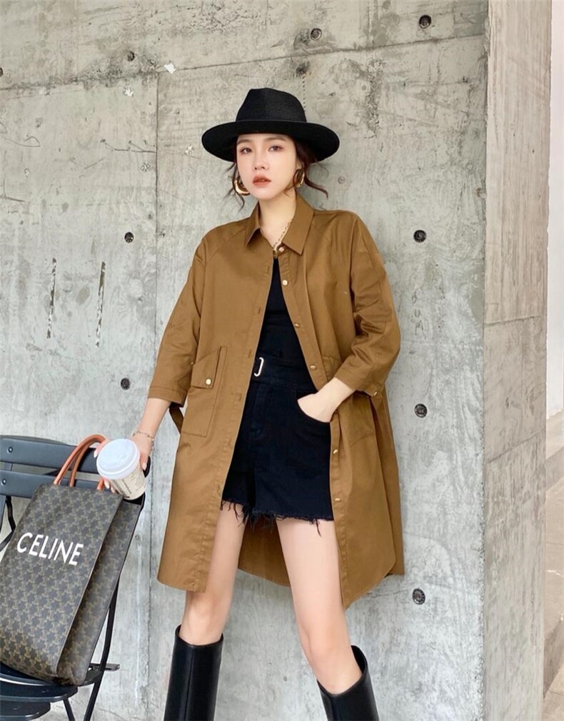 2021秋季新款翻领抽皱个性款风衣外套连衣裙，女装风衣，微迪菲