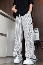 K5051/P40夏季薄款透气凉感格子裤男女同款垂感褶皱休闲裤长裤子，男装休闲裤，电商A141