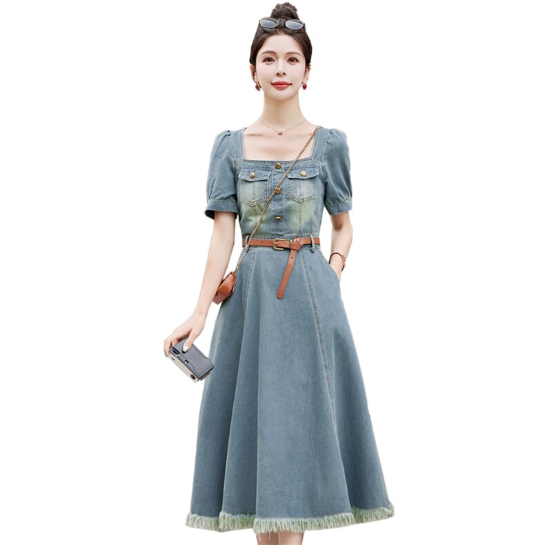 （新款现货）2026夏收腰显瘦气质方领毛边牛仔连衣裙女（配腰带）,女装连衣裙,印象茜