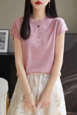 薄款天丝针织衫短袖t恤女夏季短款宽松气质纯色小飞袖上衣体恤衫，女装针织衫/毛衣，朝思羊绒