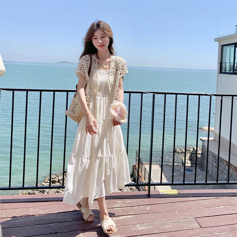温柔风甜美小个子白色吊带连衣裙女夏季新款镂空短袖上衣两件套装,女装套装/套裙,2C269