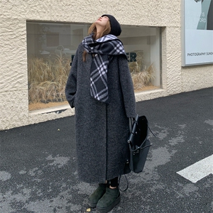 现货新款韩范中长款过膝双面羊绒大衣黑灰色高端毛呢外套女装图片