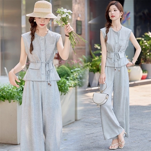 2025夏新款小香风高级感气质优雅收腰显瘦无袖上衣阔腿裤两件套女图片