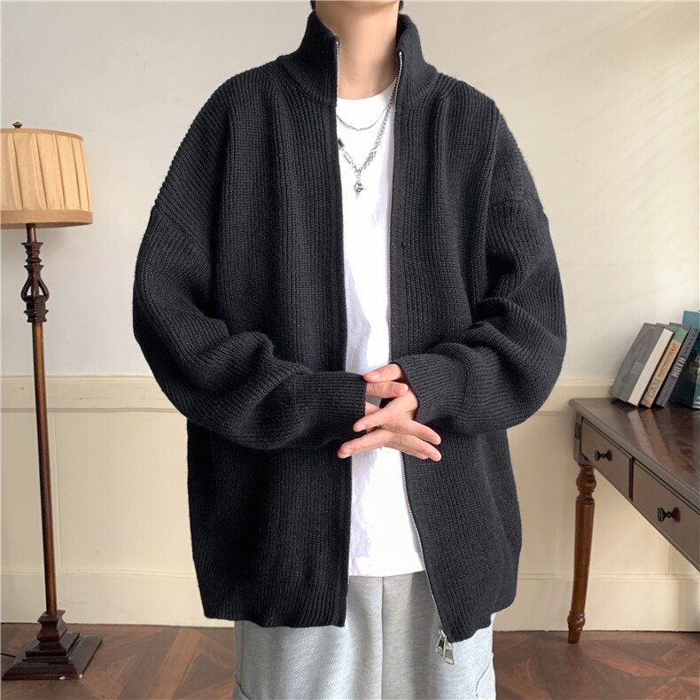 灰色开衫毛衣男秋冬季加绒加厚日系慵懒风针织外套青少年立领上衣,男装针织衫/毛衣,星座1212