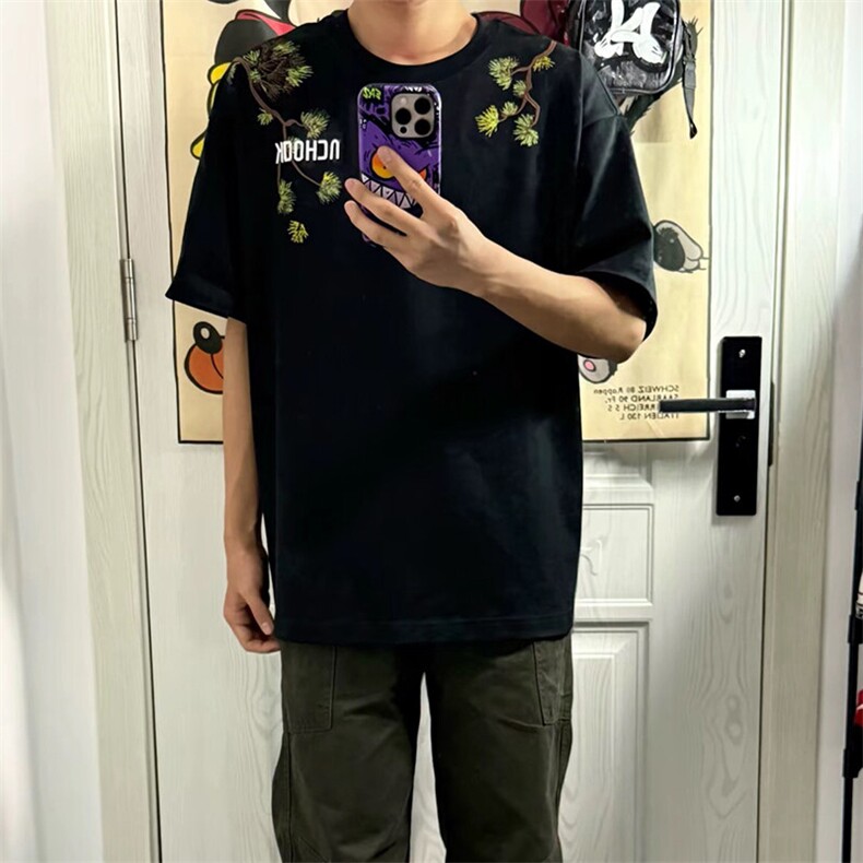 万针全刺绣工艺抖音得物高品质260克重磅纯棉双纱美式高街短袖T恤,男装T恤,电商A486