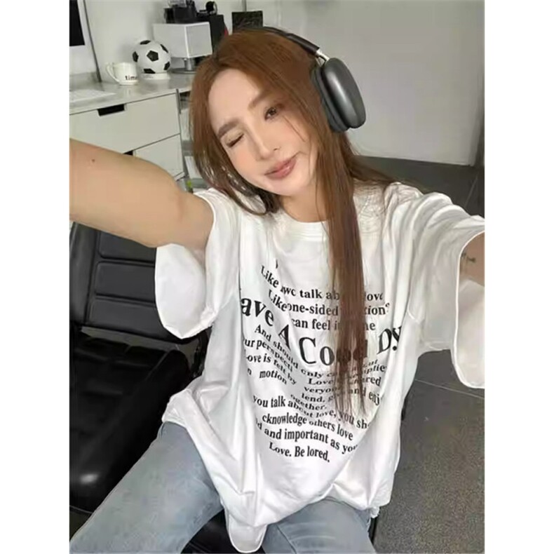 T0664-P25 美式辣妹夏季宽松圆领短袖 黑白字母印花纯棉T恤图片
