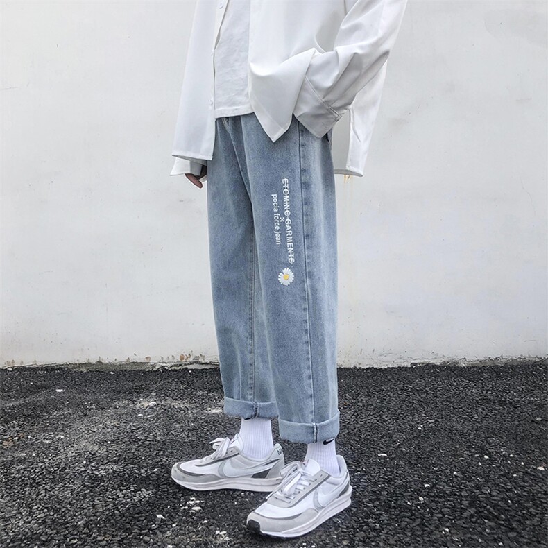 小雏菊牛仔裤男潮牌直筒宽松百搭阔腿裤韩版潮流九分裤NK9602-p33