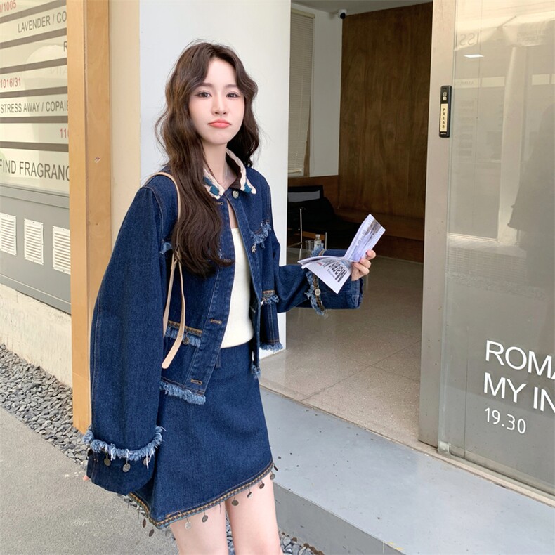 复古牛仔套装裙女秋季2025新款韩系小个子短款外套半身裙两件套,女装套装/套裙,2C230
