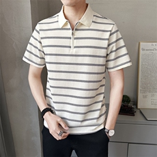 半拉链条纹Polo短袖T恤夏季潮流半袖体恤男士有领上衣PL88559-P68，男装T恤，电商A237