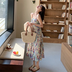 法式复古油画碎花吊带连衣裙女2025夏季新款镂空开衫绝美，女装连衣裙，2C177