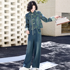 新中式复古盘扣牛仔套装女2025春秋新款印花改良唐装阔腿裤两件套，女装套装/套裙，欣品汇