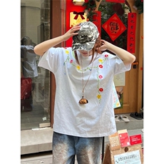 美式高街花卉刺绣设计感短袖男女潮牌宽松重磅情侣短袖TA83-P37，男装T恤，星座208-5