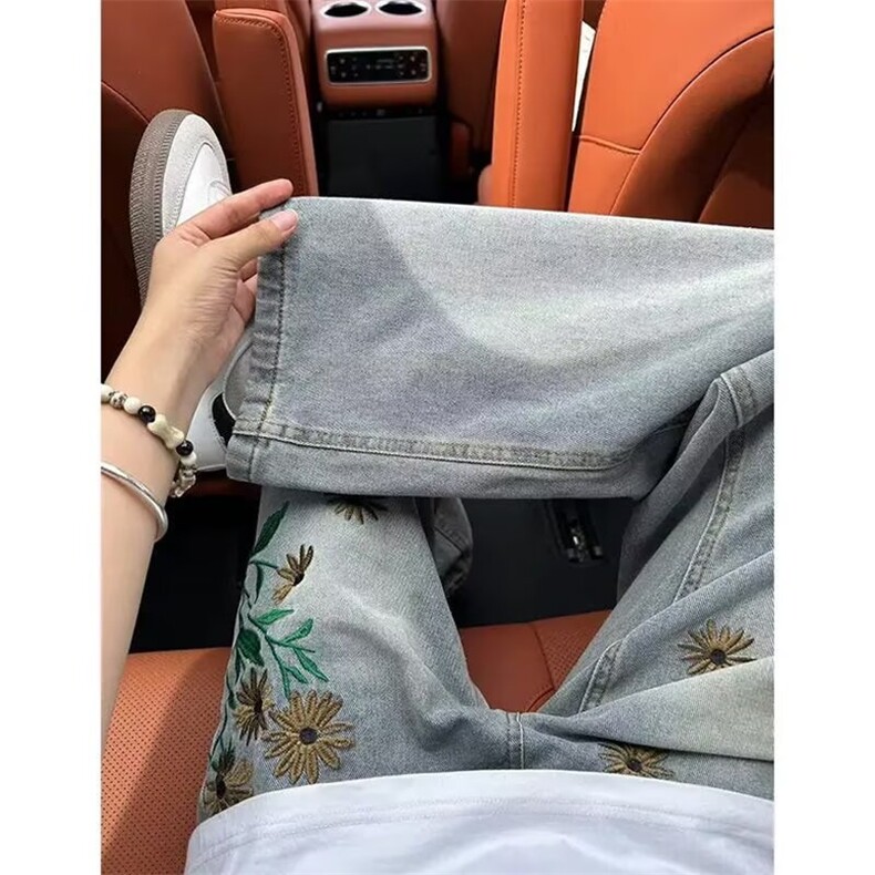 胖胖哥小众重工小雏菊刺绣高街牛仔裤男款秋季美式宽松大码阔腿裤,男装牛仔裤,星座516A