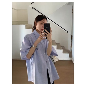 美式宽松条纹短袖衬衫2025夏季情侣装休闲半袖衬衣上衣外套图片