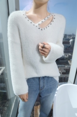 秋季新款女装毛衣时尚百搭休闲上衣V领长袖宽松显瘦针织衫，女装针织衫/毛衣，百色羊绒