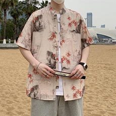 新中式风盘扣花纹短袖衬衫男士夏季复古唐装衬衣潮7008P40，男装衬衫，电商A056