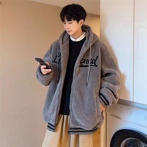 摇粒绒卫衣外套男生冬季青少年加绒加厚美式潮牌大码羊羔毛棒球服图片