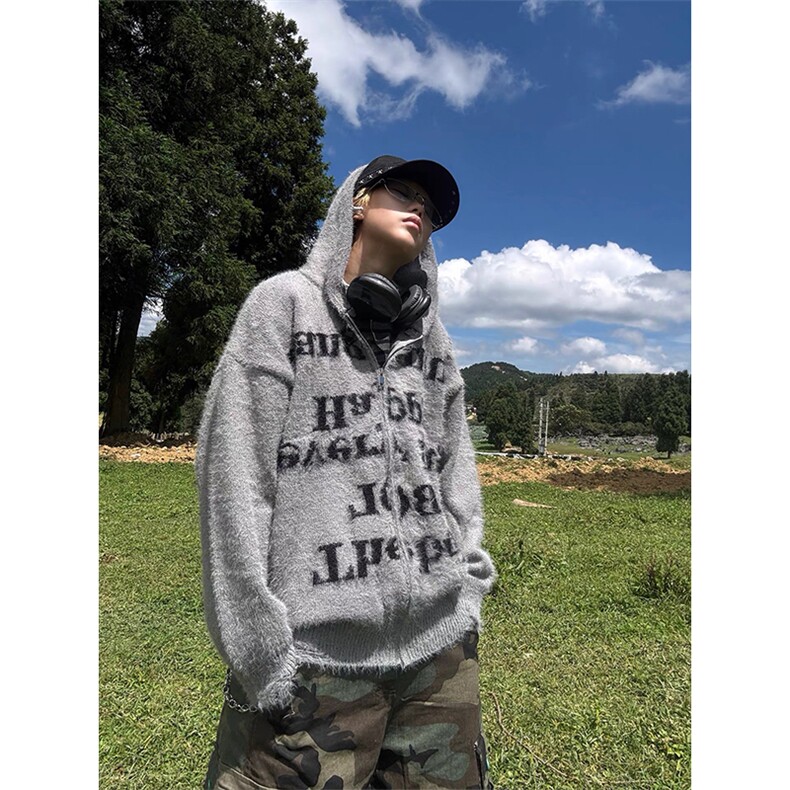 网图有货字母提花连帽拉链开衫毛衣男女慵懒舒适外套A1232-P43,男装针织衫/毛衣,星座1505