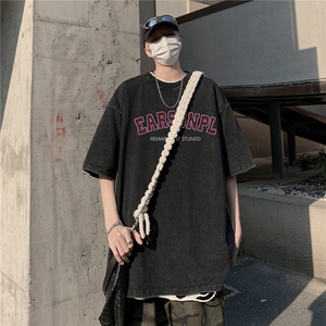 美式复古水洗短袖男夏季潮流字母印花T恤宽松版高街做旧T图片