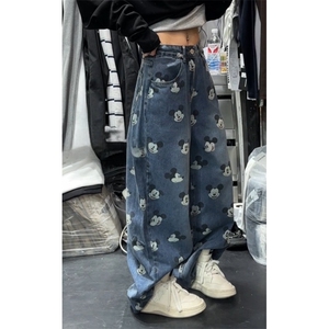 美式复古卡通米奇印花牛仔裤男女街头宽松显瘦阔腿裤W727 P50图片