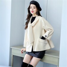 现货2021年冬季九分袖围脖纯色毛呢外套简约时尚减零呢子斗篷大衣，女装毛呢外套，丽美静依