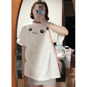 美式涂鸦脚印印花短袖t恤男女2025夏季小众宽松百搭上衣 T400图片