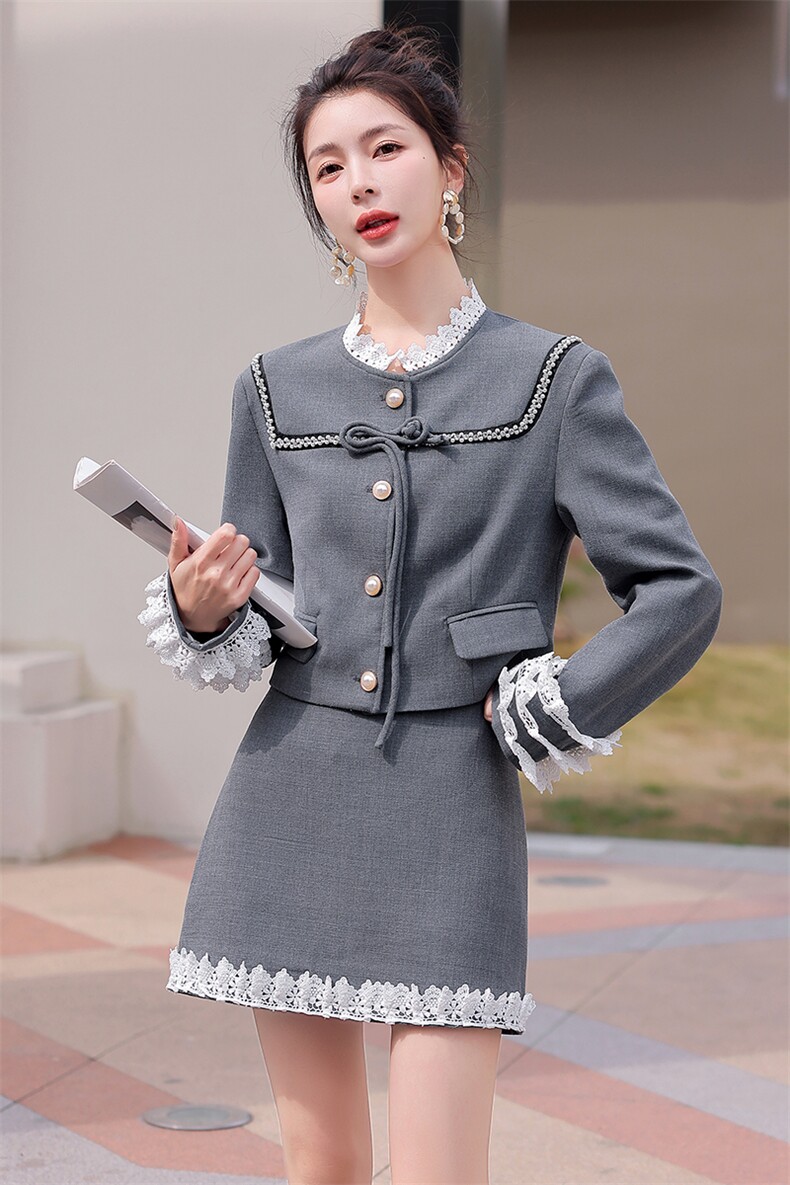 2023年春夏季新款小香风法式两件复古盘扣花边小外套+半身裙套装,女装套装/套裙,韩蜜菓