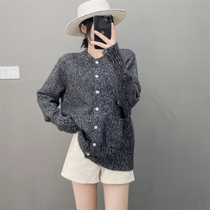重磅加厚！花纱山羊绒针织开衫女红色圆领宽松毛衣外套羊毛秋冬图片