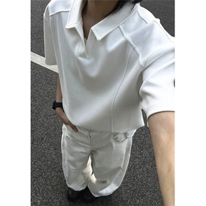 v领短袖polo衫男夏季重磅美式显肩宽廓形t恤boxy正肩半截袖 TZ107图片