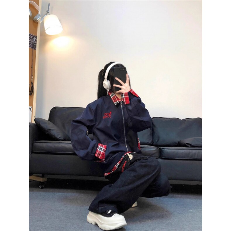 美式小众格子拼接假两件外套男女春季复古工装飞行员夹克棒球服潮,男装夹克,四季星座505