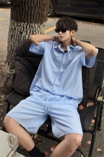 时尚套装男慵懒风条纹蓝色短裤长袖衬衫套装潮流时尚套装特P55，男装牛仔裤，电商B319
