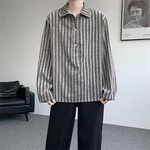 S-3XL 复古条纹半开领长袖衬衫上衣宽松慵懒休闲衬衣男CS534P48图片