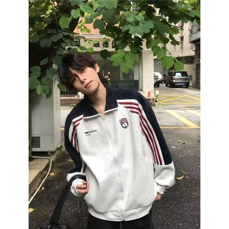 JY390-P45 美式条纹撞色拼接立领开衫卫衣图片