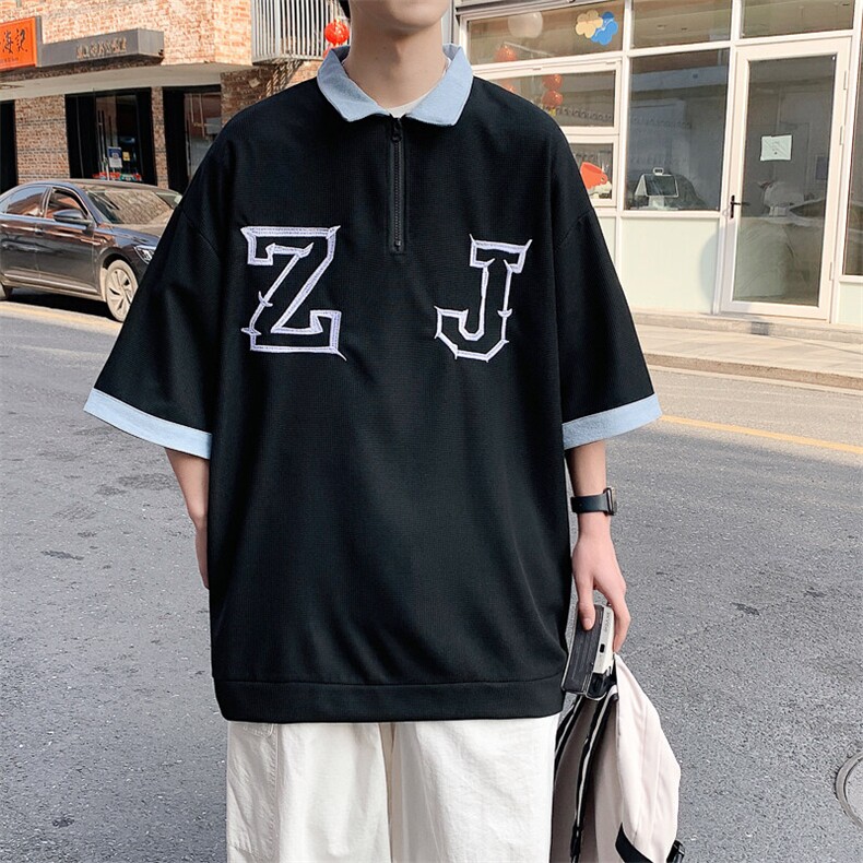 2026夏装牛仔拼接绣花五分袖T恤华夫格半袖BDT001/特P30黑色2,男装T恤,电商A094