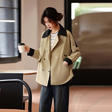 卡其色风衣女短款春秋季新款小个子时尚翻领宽松休闲撞色工装外套，女装风衣，鑫源服饰
