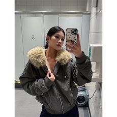 现货重磅boxy短款棉衣座山雕大毛毛领男女棉服水洗工装厚外套，男装棉衣，电商A486-1
