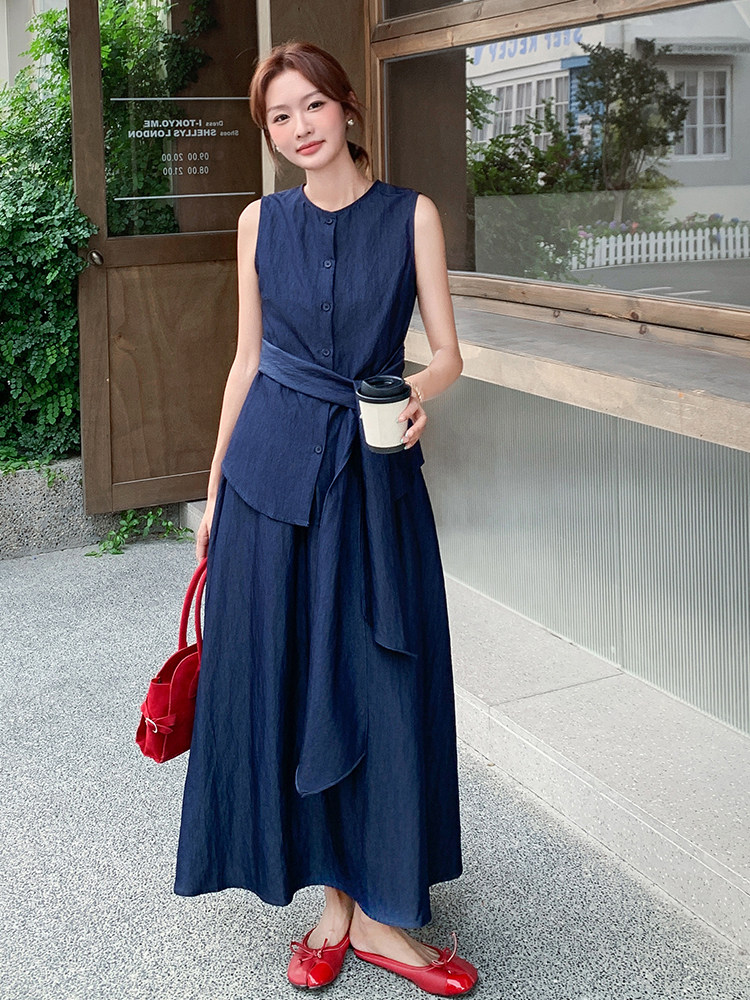 老钱风无袖绑带上衣半身裙套装女2025夏季新款法式气质显瘦两件套,女装套装/套裙,浙宝305