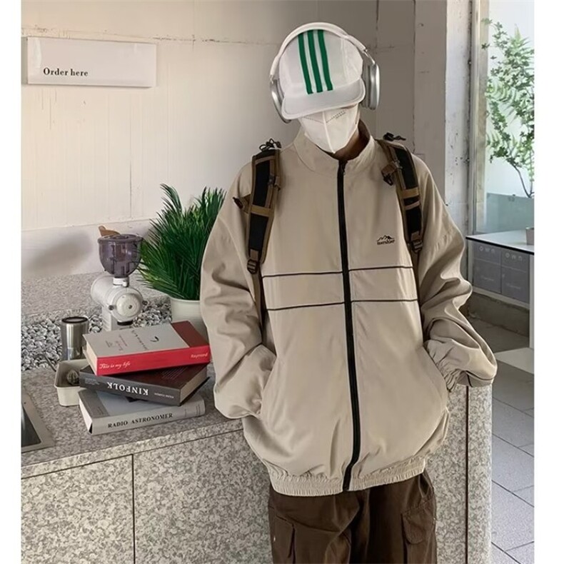 美式复古冲锋衣外套春秋季百搭高街休闲条纹vintage棒球服宽松潮,男装夹克,星座1210-1